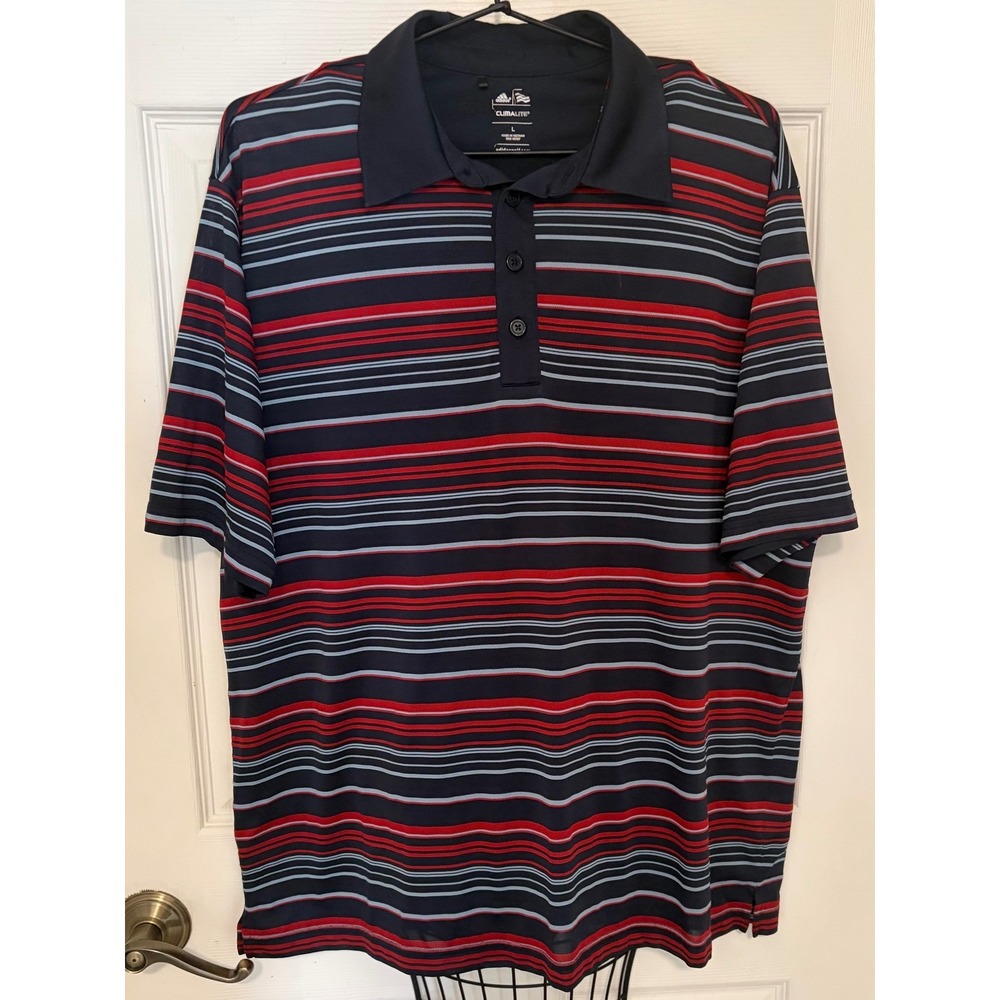 Adidas Climalite Men's Large Navy Red Striped Performance Golf Polo Shirt